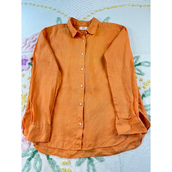 Uniqlo Tops - UNIQLO Linen Orange Button Up Shirt Long Sleeve Collared Top Size‎ M